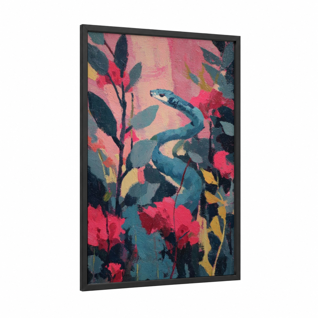 Crimson Garden Viper framed art print — black wood frame — pink and teal palette