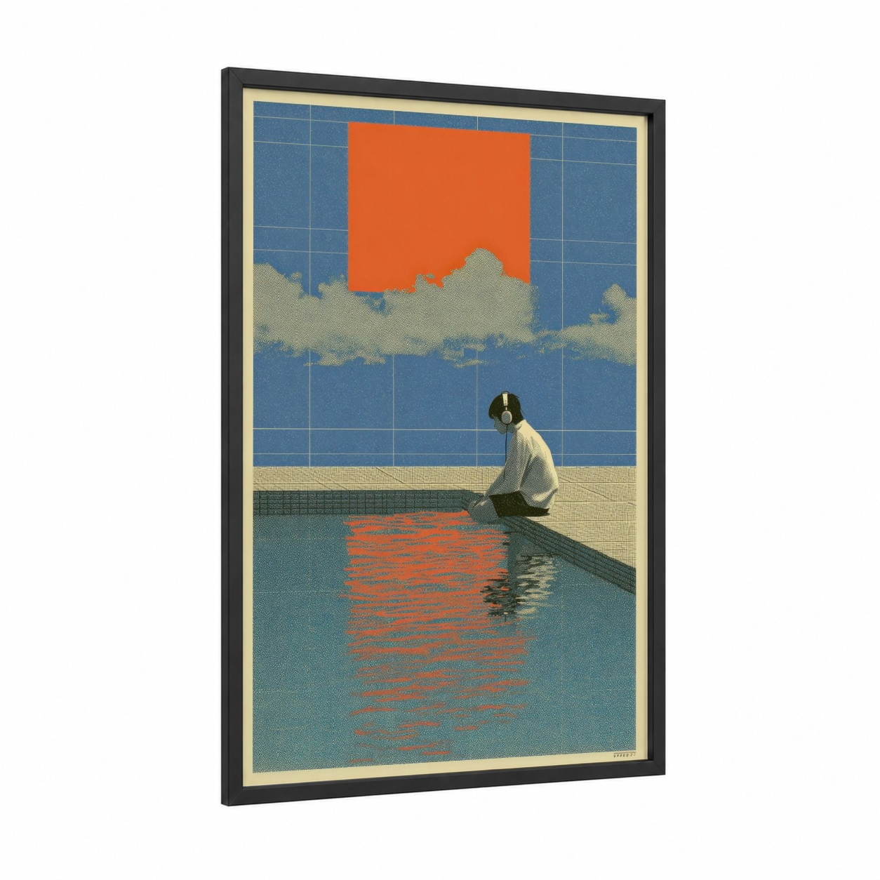 Poolside Listener framed japanese y2k print — black wood frame — blue and orange palette