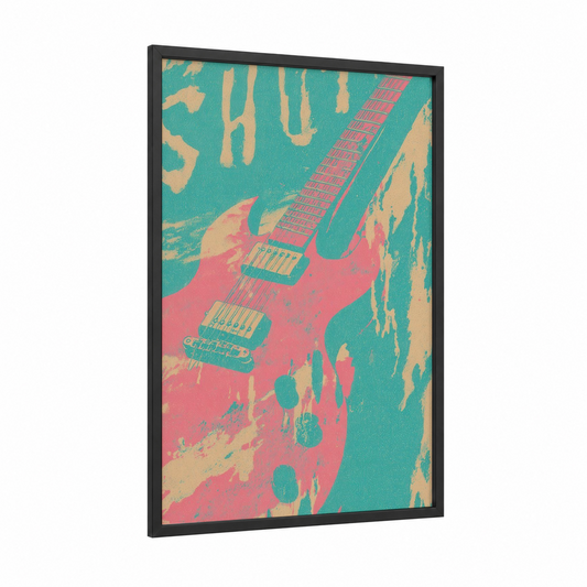Neon Electric Guitar framed art print — black wood frame — magenta and turquoise palette