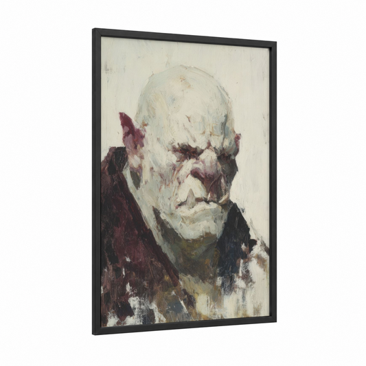 Weathered Orc framed art print — black wood frame — maroon and beige palette