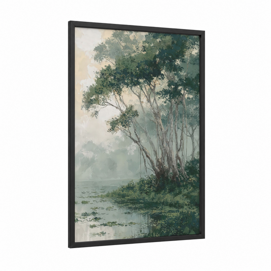 Misty Banyan framed banyan tree print — black wood frame — sage green and dove gray palette