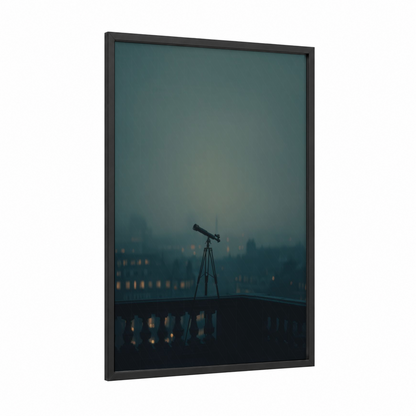 Cityscape Spyglass framed art print — black wood frame — dove gray and dark blue palette