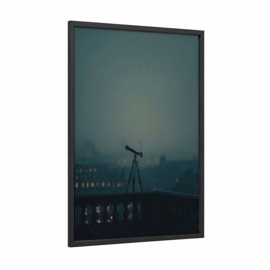 Cityscape Spyglass framed art print — black wood frame — dove gray and dark blue palette