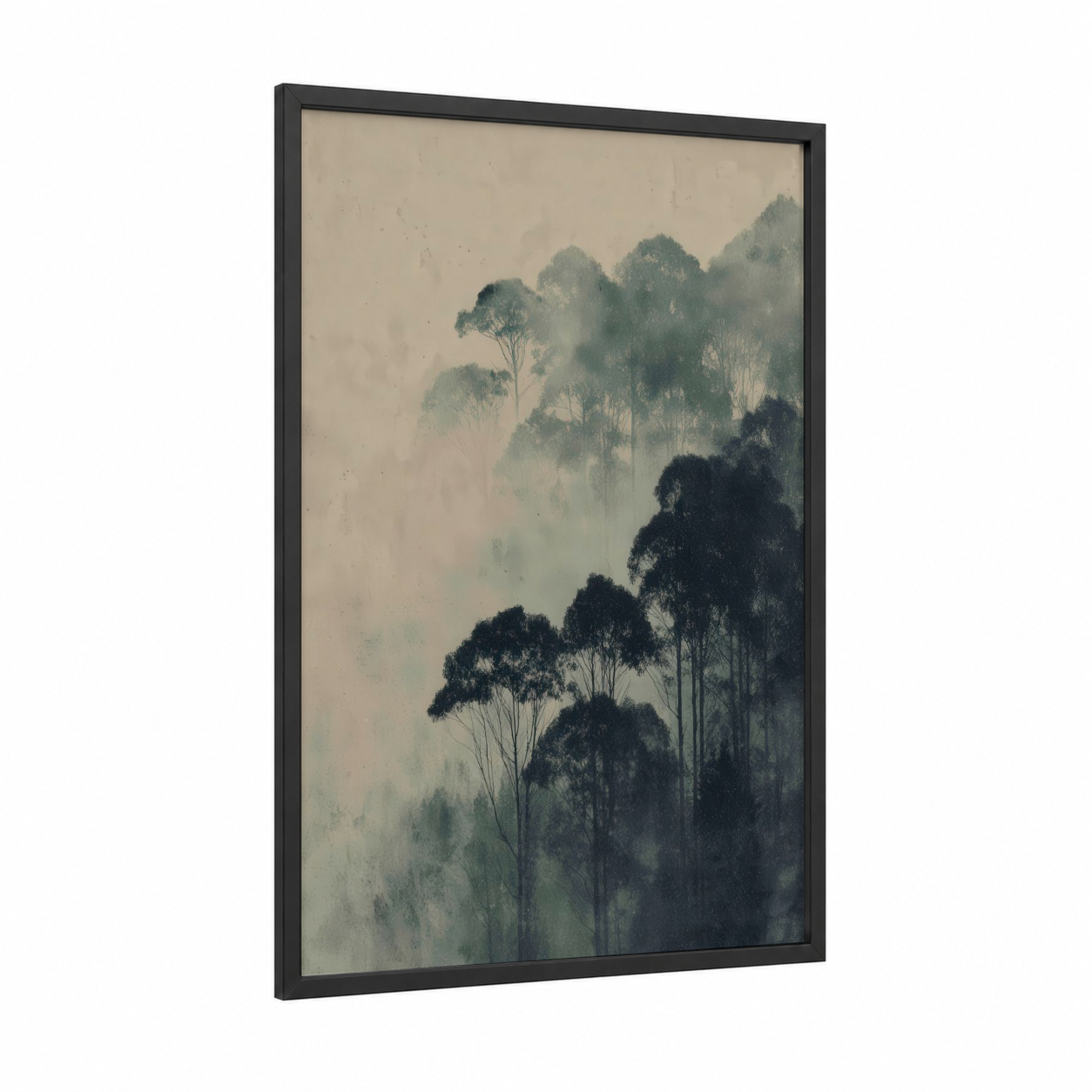 Misty Eucalyptus Forest framed art print — black wood frame — gray and sage green palette