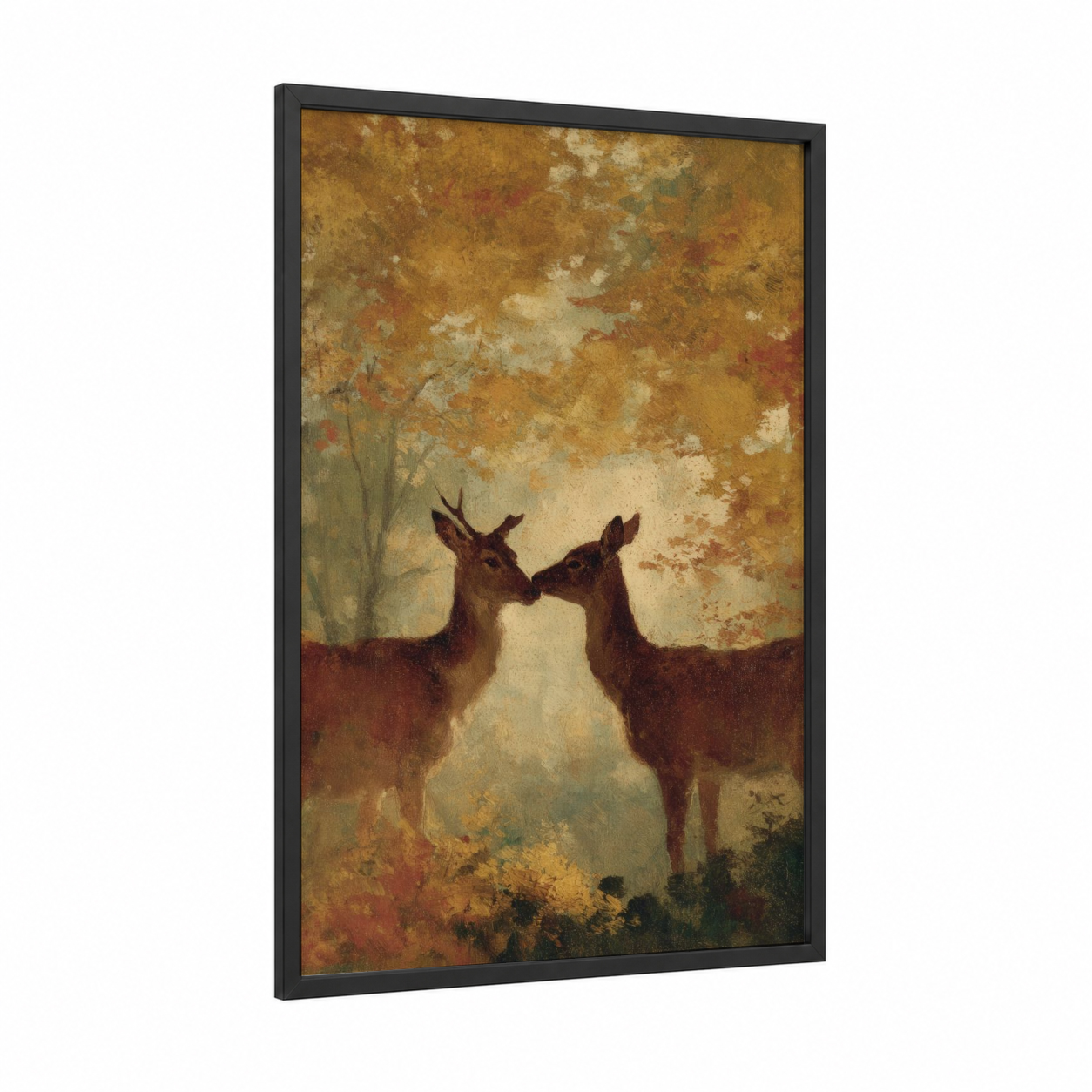 Tender Deer Moment framed animals in love print — black wood frame — gold and russet palette