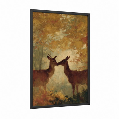 Tender Deer Moment framed animals in love print — black wood frame — gold and russet palette