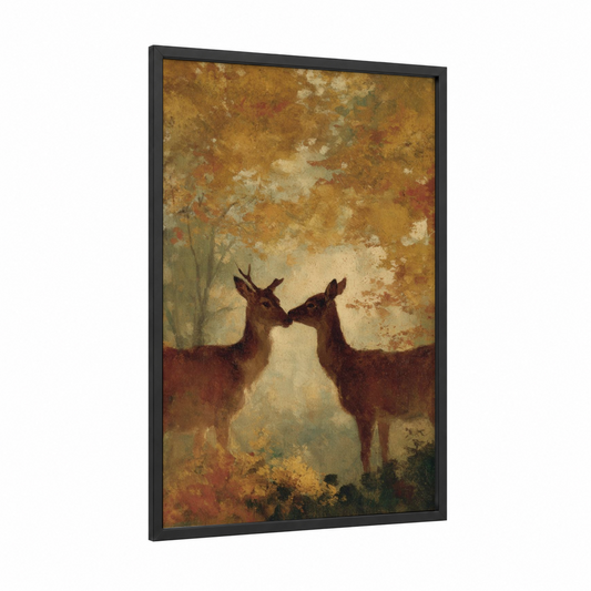 Tender Deer Moment framed animals in love print — black wood frame — gold and russet palette