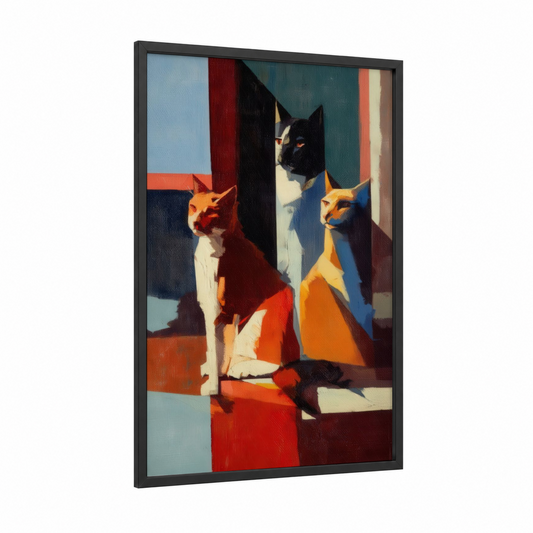 Sunlit Trio framed cat print — black wood frame — orange and blue palette