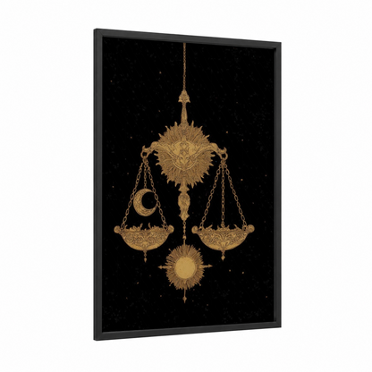 Celestial Libra framed art print — black wood frame — gold and black and gold palette