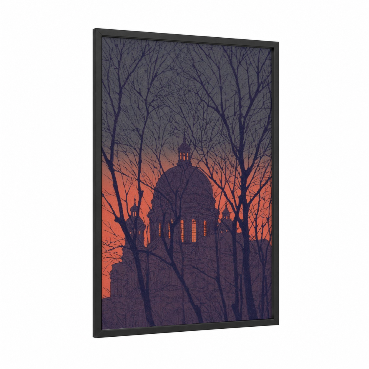Dusk Cathedral framed saint paul's cathedral print — black wood frame — orange and gray palette