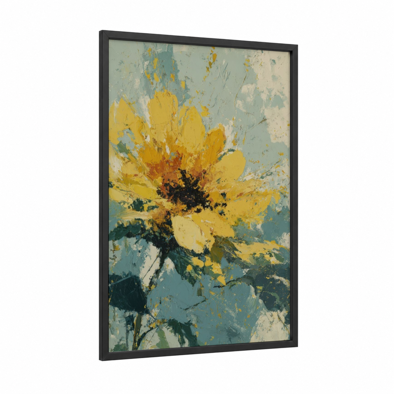 Golden Sunflower framed art print — black wood frame — yellow gold and sage green palette
