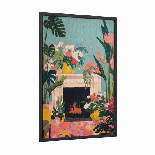 Tropical Fireplace framed art print — black wood frame — aquamarine palette