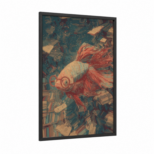Crimson Betta Dance framed betta fish print — black wood frame — red and teal palette