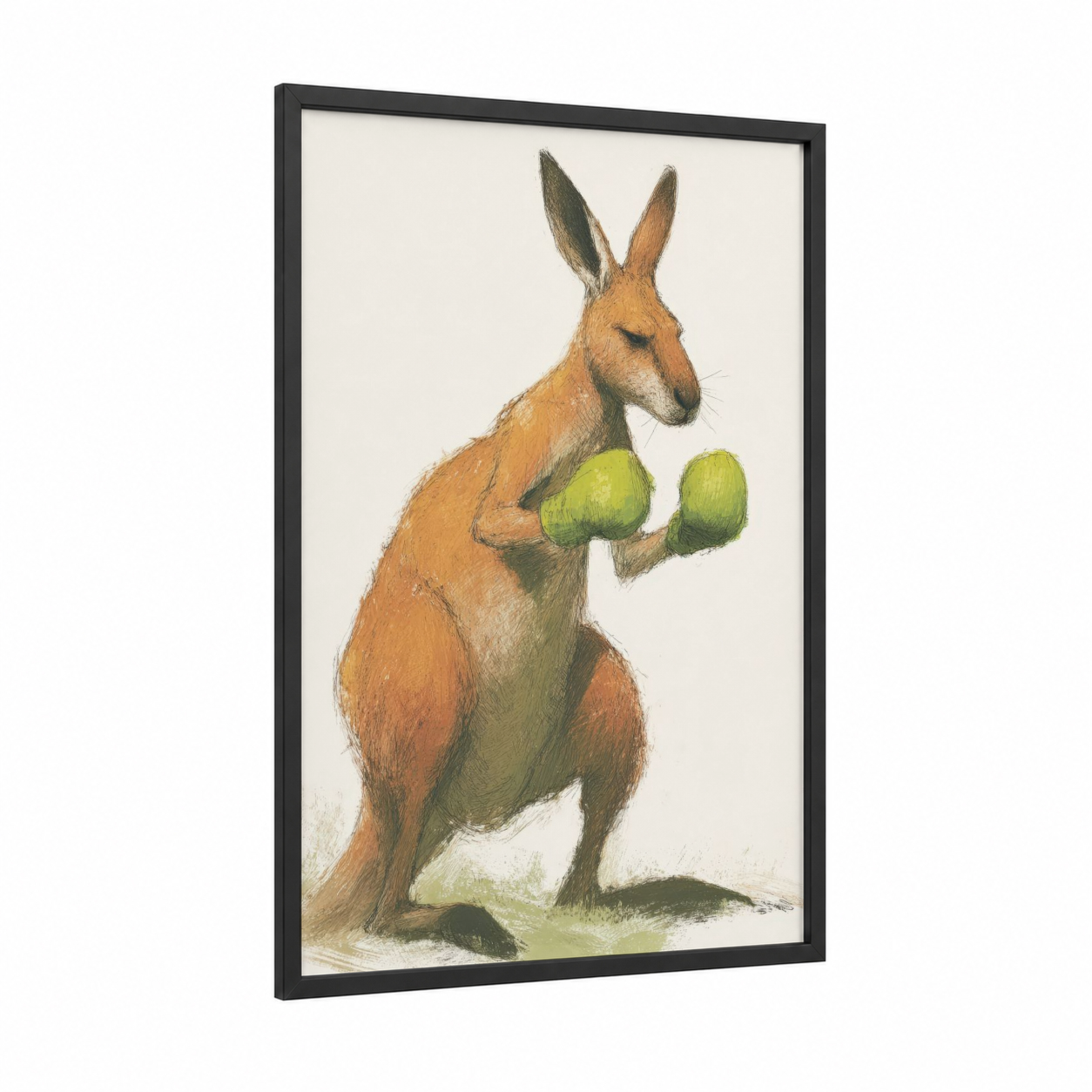 Boxing Kangaroo framed art print — black wood frame — gold and light green palette