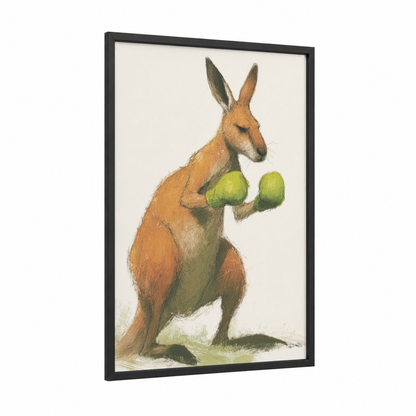 Boxing Kangaroo framed art print — black wood frame — gold and light green palette