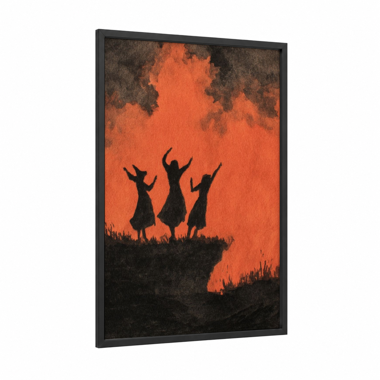 Witches' Ritual framed magic and witchcraft print — black wood frame — orange and black palette