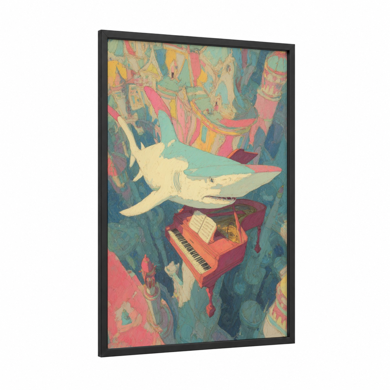 Musical Hammerhead framed hammerhead shark print — black wood frame — turquoise and gold palette