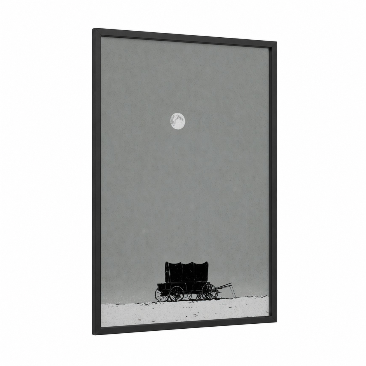 Moonlit Wagon framed art print — black wood frame — black and white and gray palette