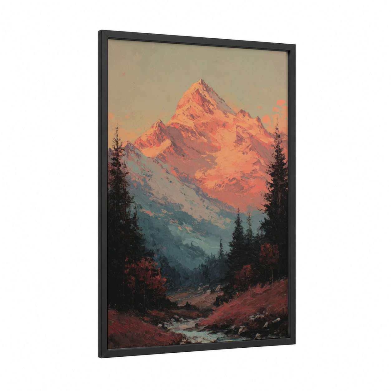 Golden Peak Alpenglow framed mount everest print — black wood frame — gold and blue palette