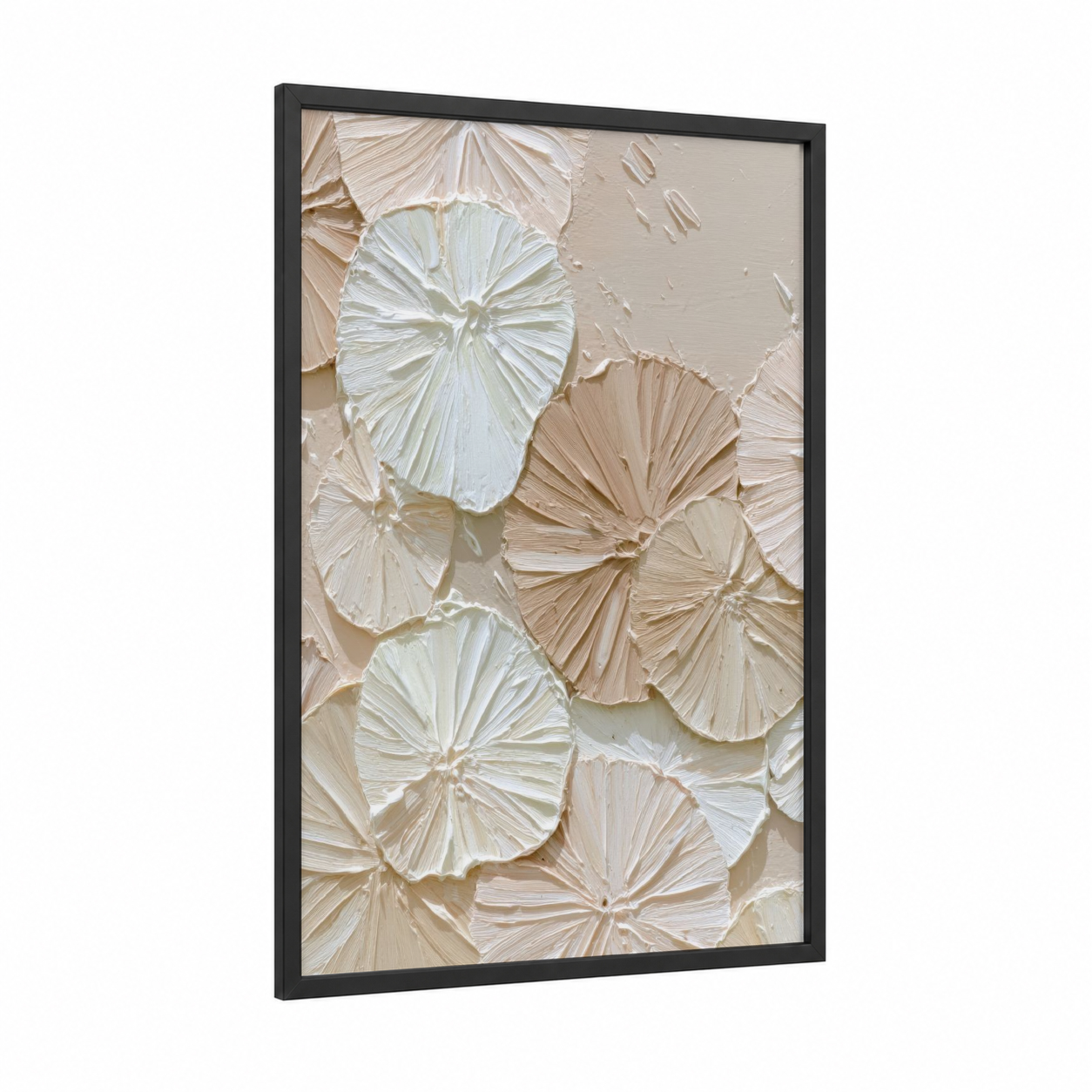Textured Petals framed abstract minimalist print — black wood frame — white and cream palette