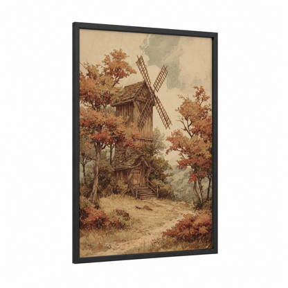 Autumn Windmill framed windmills print — black wood frame — russet and cream palette