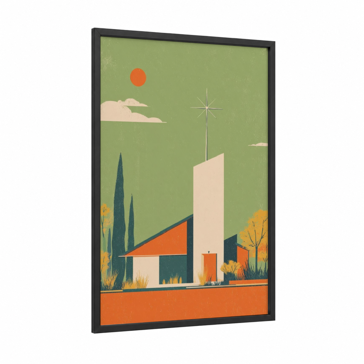 Modern Spiritual Tower framed towers print — black wood frame — sage green and orange palette