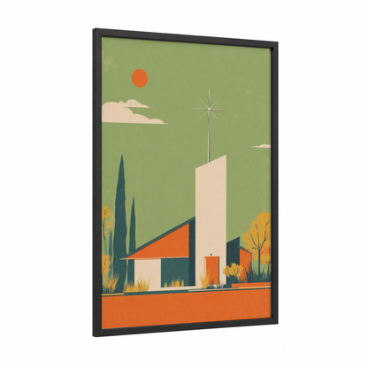 Modern Spiritual Tower framed towers print — black wood frame — sage green and orange palette