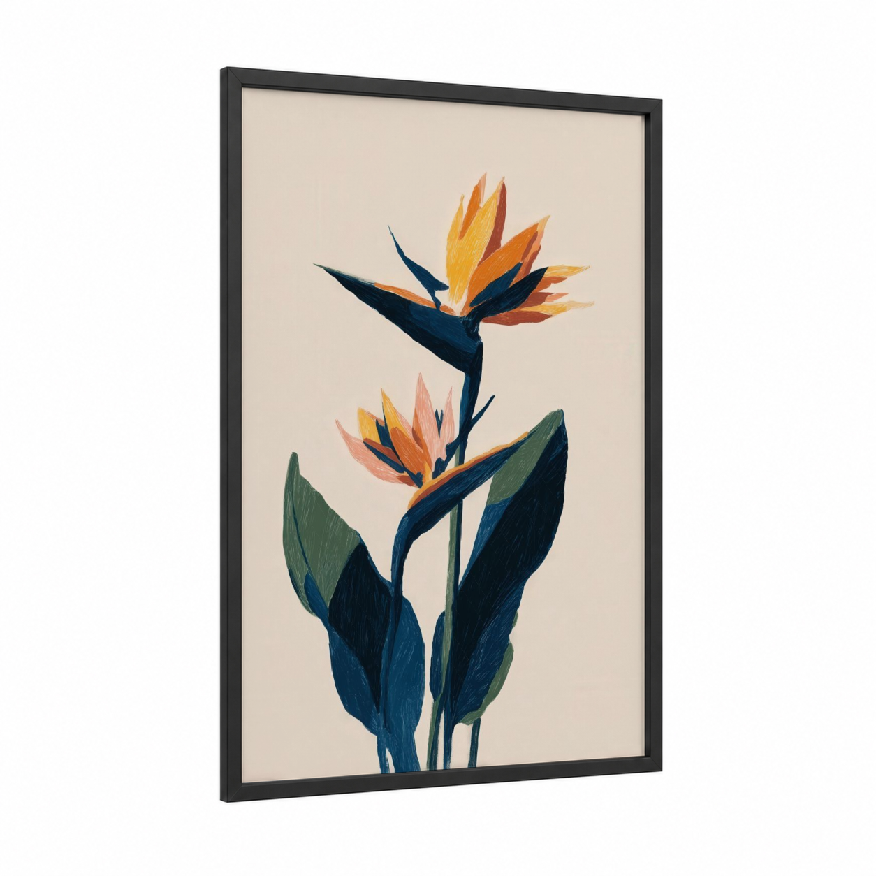 Tropical Paradise Blooms framed birds of paradise print — black wood frame — gold and dark blue palette