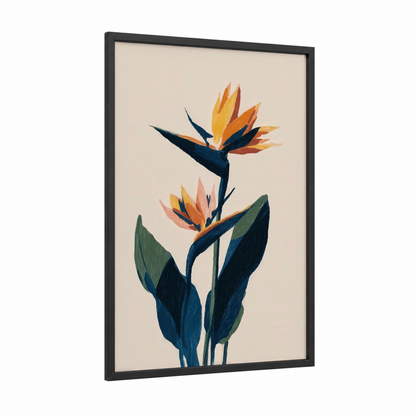 Tropical Paradise Blooms framed birds of paradise print — black wood frame — gold and dark blue palette