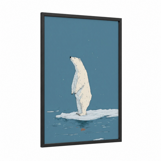 Snowy Polar Bear framed art print — black wood frame — blue and white palette