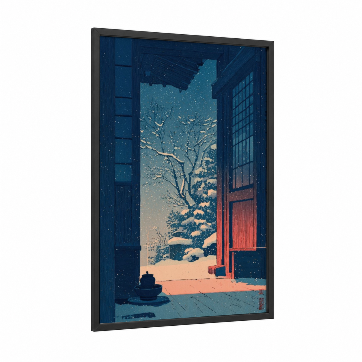 Snowy Winter Refuge framed fireplace print — black wood frame — dark blue and gold palette