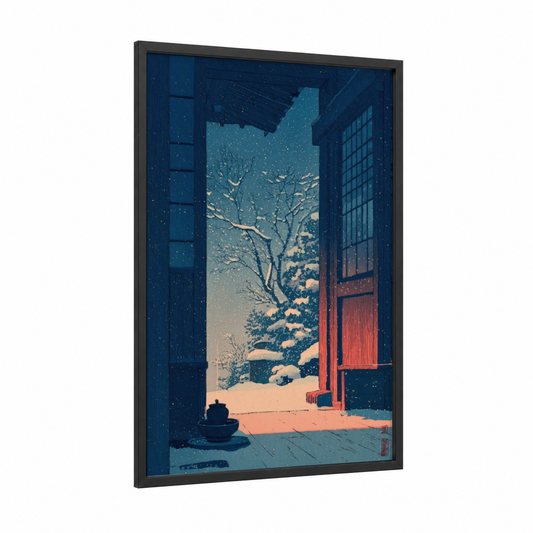 Snowy Winter Refuge framed fireplace print — black wood frame — dark blue and gold palette