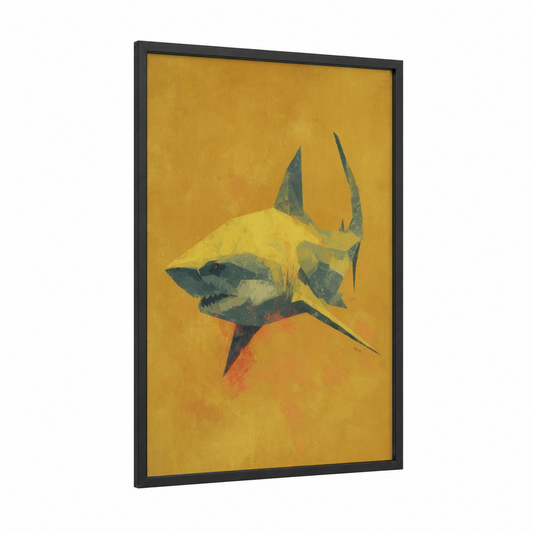 Golden Lemon Shark framed art print — black wood frame — yellow gold and blue palette