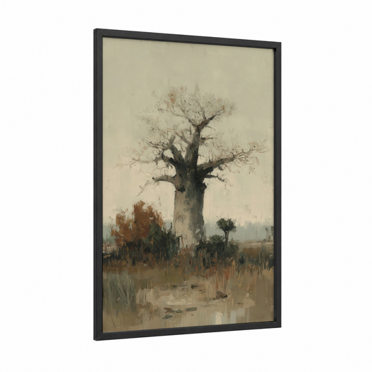 Solitary Baobab framed baobab tree print — black wood frame — beige and dove gray palette