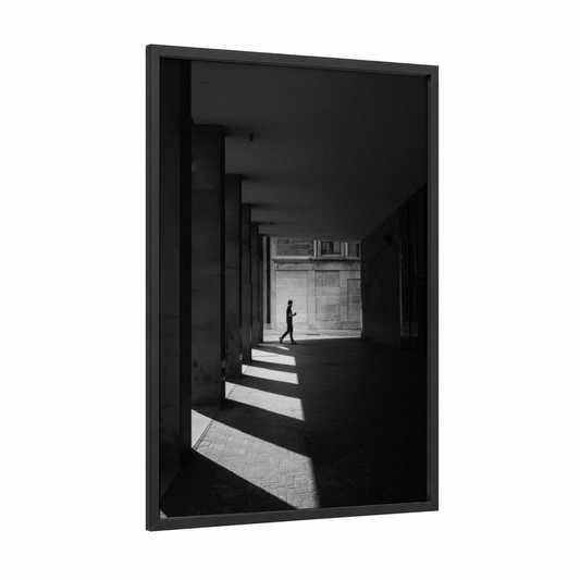 Solitary Passage framed abstract architecture print — black wood frame — black and white palette