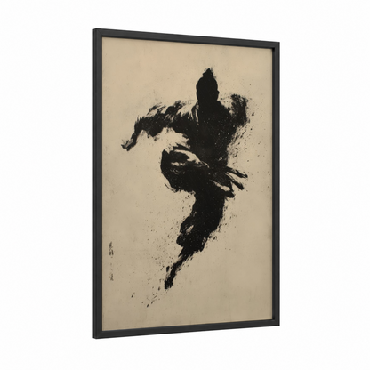 Dynamic Kung Fu framed art print — black wood frame — black and cream palette