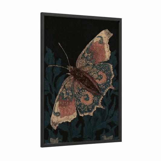 Ornate Butterfly Study framed art print — black wood frame — teal and maroon palette