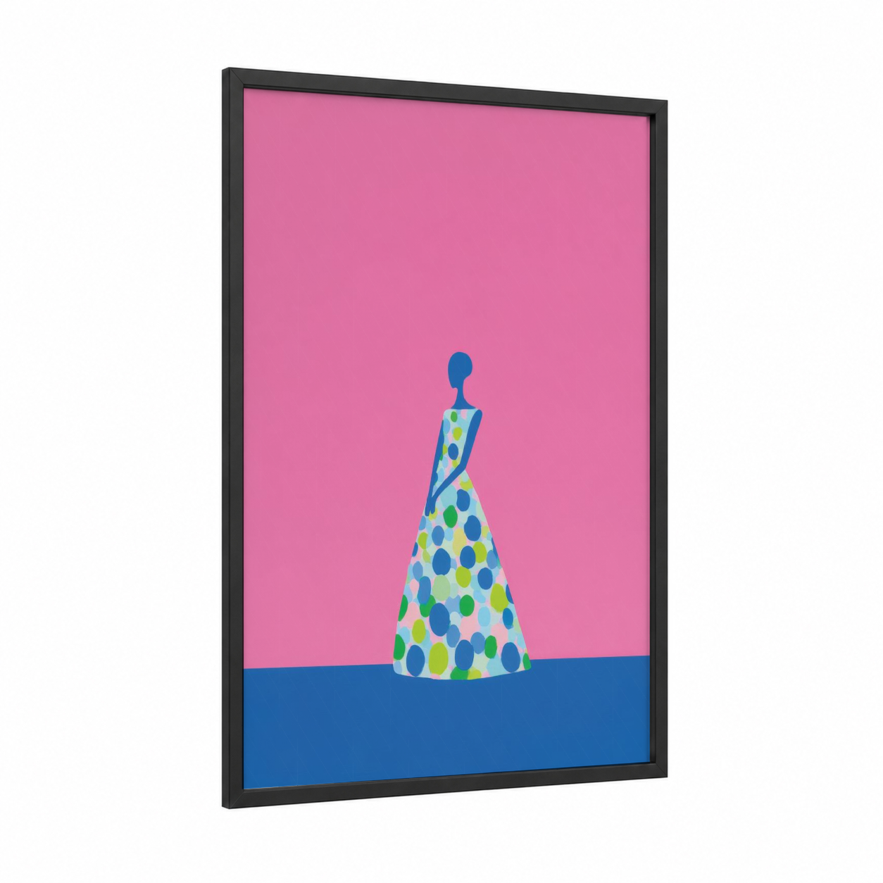 Polka Dot Fashion framed fashion illustration print — black wood frame — pink and royal blue palette