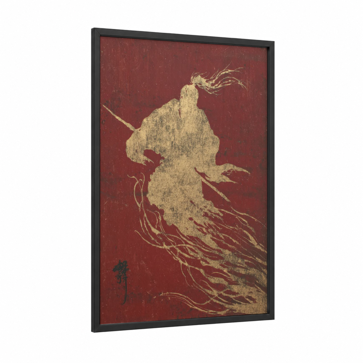Golden Warrior framed kung fu print — black wood frame — gold and maroon palette