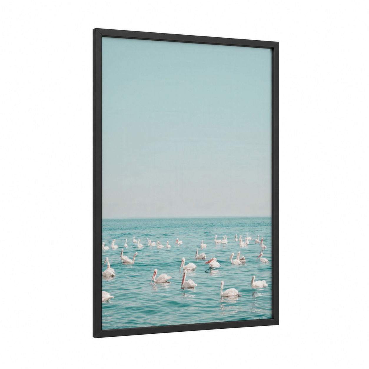 Tranquil Pelican Gathering framed art print — black wood frame — blue and white and aquamarine palette