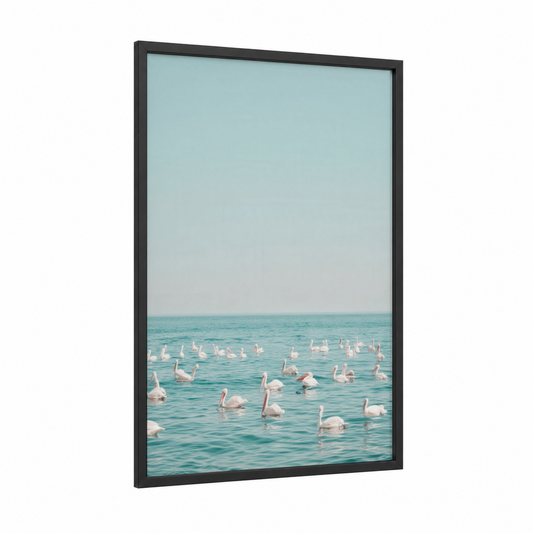 Tranquil Pelican Gathering framed art print — black wood frame — blue and white and aquamarine palette