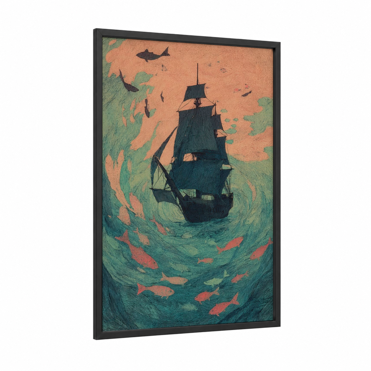 Whirlpool Sailing Ship framed art print — black wood frame — teal and salmon pink palette