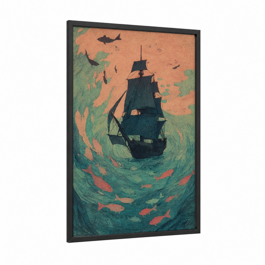 Whirlpool Sailing Ship framed art print — black wood frame — teal and salmon pink palette