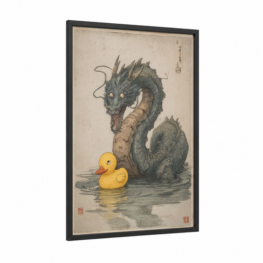 Dragon & Duckling framed art print — black wood frame — gold and gray palette
