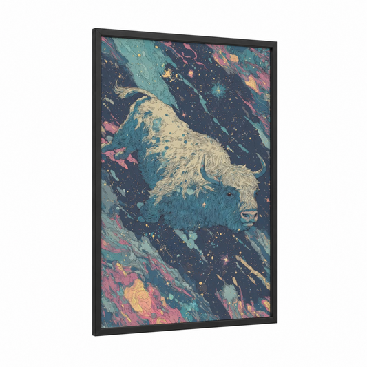 Cosmic Yak framed art print — black wood frame — teal and dark blue palette