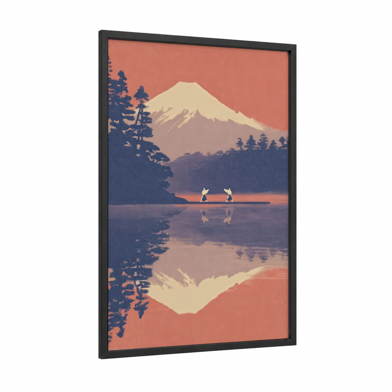 Lakeside Aikido framed art print — black wood frame — peach and dark blue palette
