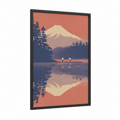 Lakeside Aikido framed art print — black wood frame — peach and dark blue palette