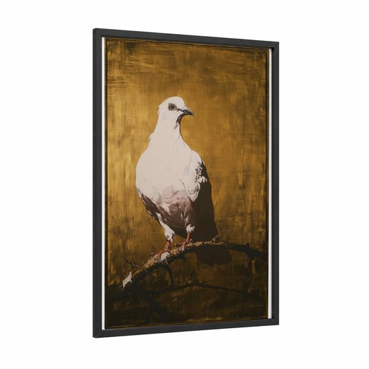 Golden Pigeon framed art print — black wood frame — gold and white palette