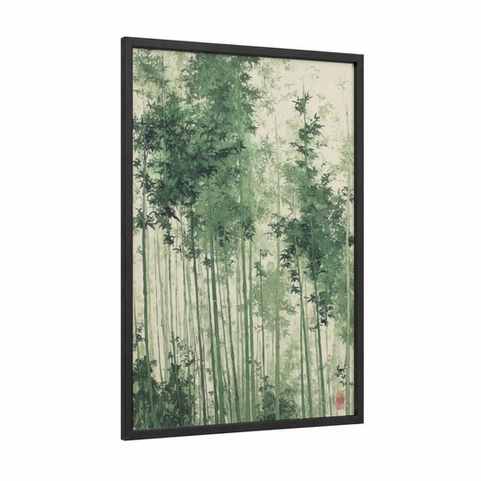 Misty Bamboo Forest framed forest trees print — black wood frame — green and cream palette