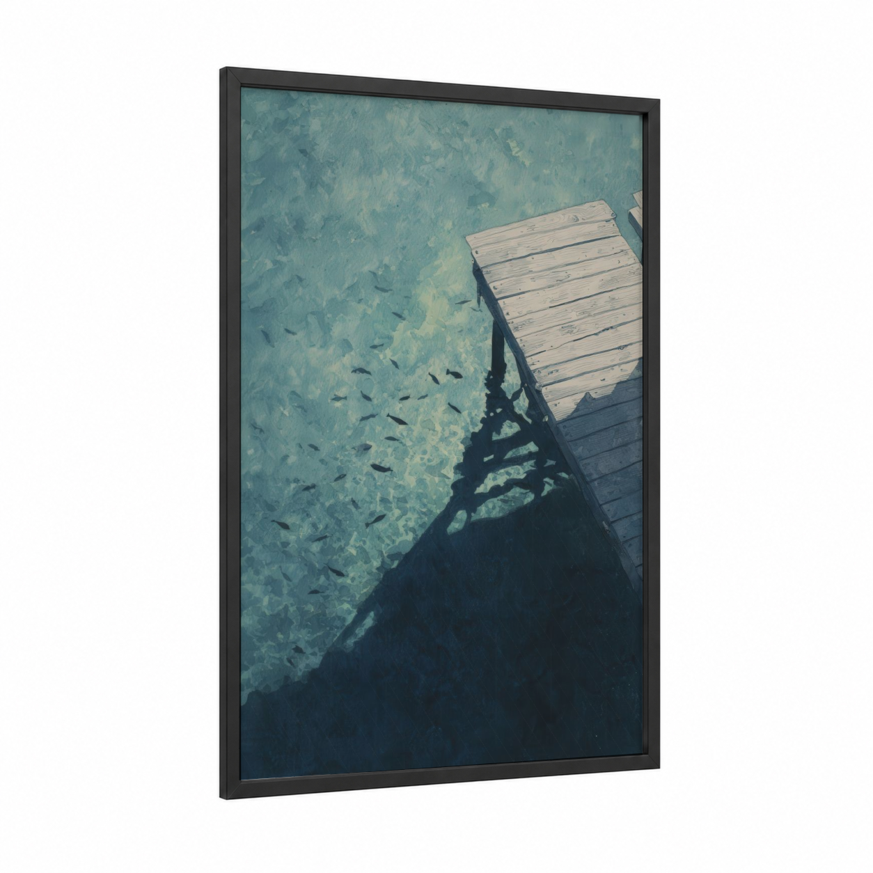 Dock Shadow Reflection framed docks and piers print — black wood frame — turquoise and gray palette